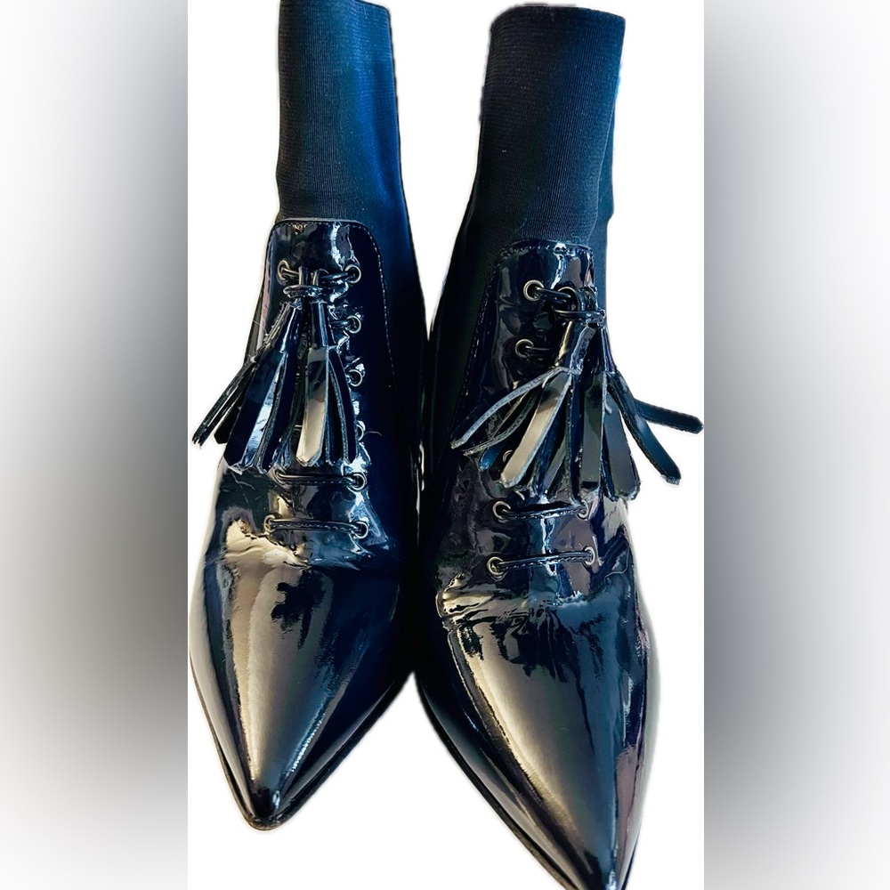 Napoleoni Italian Black Patent Leather Pointed Toe Booties with Tassels Sz 6